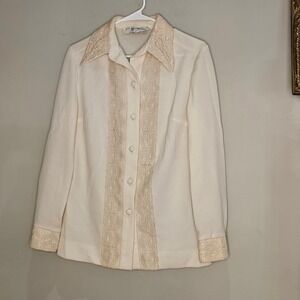 Vintage Alfred Werber Blouse Med. Cream Lace Trim Button Front Long Sleeve Retro